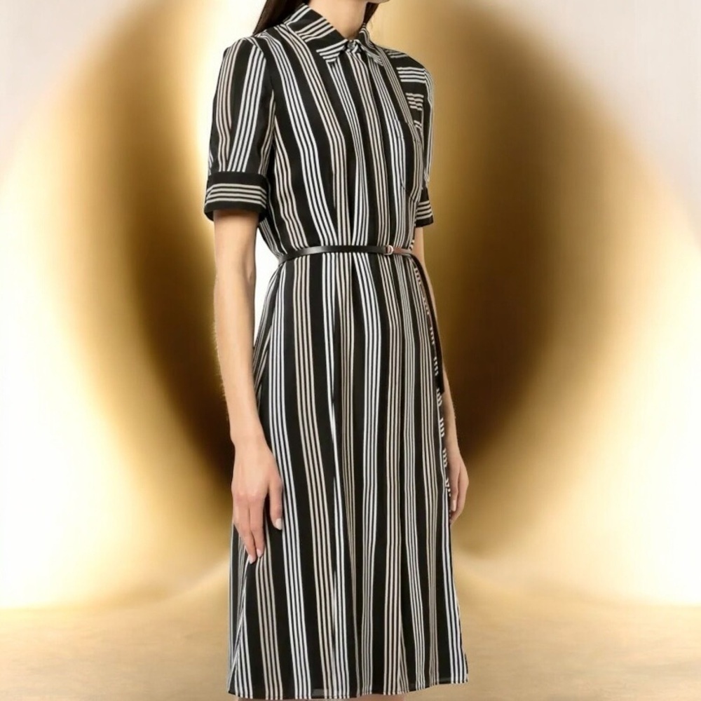 NWT Altuzarra ‘Kieran’ 100% Silk Black, White & Tan Belted Shirt Dress Size 38/6